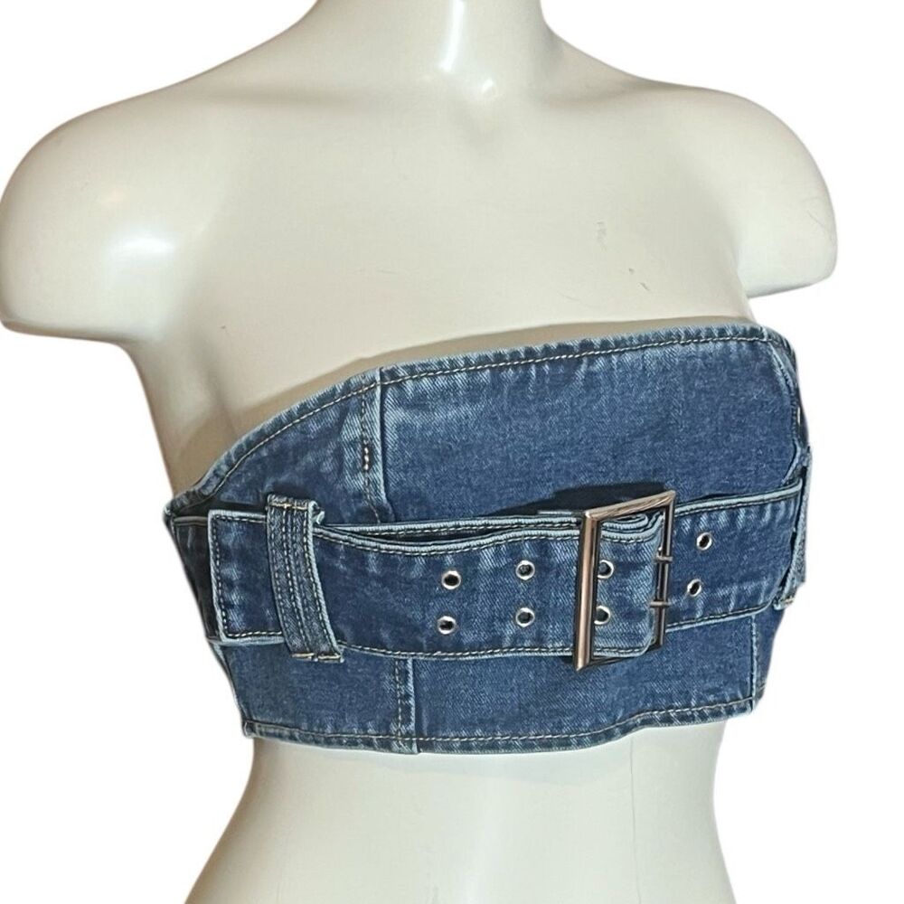 Pretty Little‎ Thing Denim Mini Bandeau Buckle Vintage Wash Sz 6 NWT